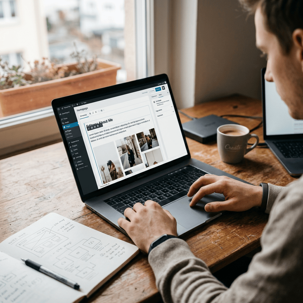 Person editing an “About Me” webpage on a laptop beside design sketches